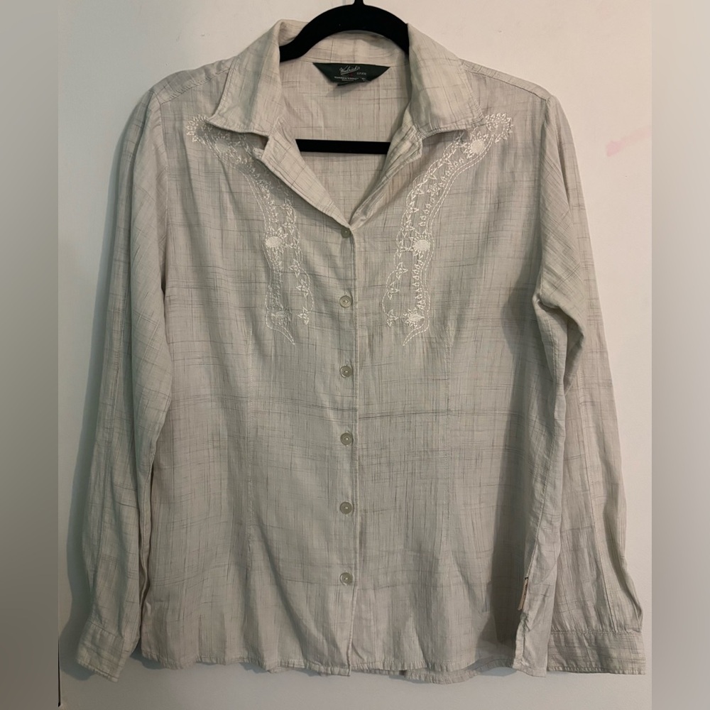 Woolrich Womens Petite Sm Embroidered Button Down Long Sleeve Ivory Ecru cotton‎